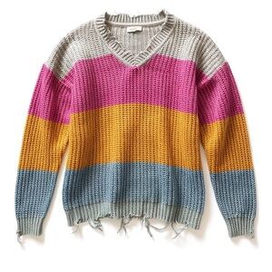 ANDREE BY UNIT | Distressed V-Neck Sweater in Pink, Orange, and Gray | Sz Small